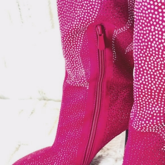Hot Pink & Silver Rhinestone Flame Detail Sexy OTK Thigh Boots - Picture 9 of 13